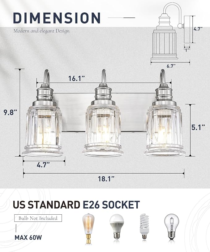 Bathroom Light Fixture, HWH 3-Light Vanity Light Brushed Nickel Modern Bathroom - Image 2