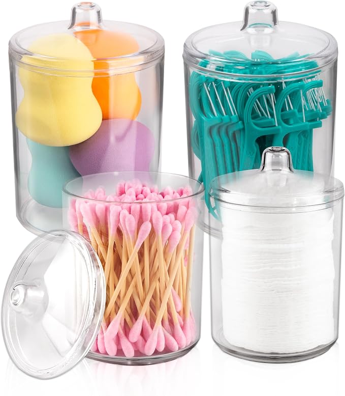 Qtip Holder Set, 4 Pack Clear Plastic Apothecary Jars by milanohome