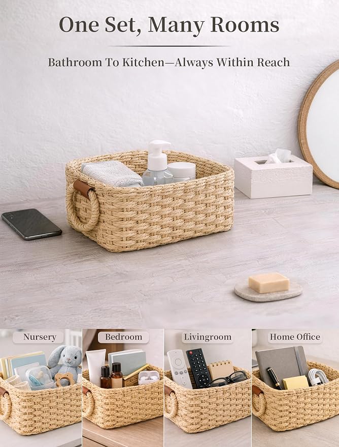 Storage Basket, Recycled Paper Rope Bathroom Basket Organizer, Mini wicker - Image 6