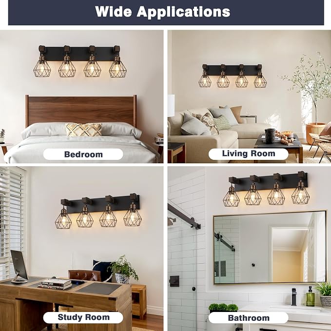 Farmhouse Bathroom Vanity Light Fixtures, 4-Light Black Gold Bathroom Light - Image 7