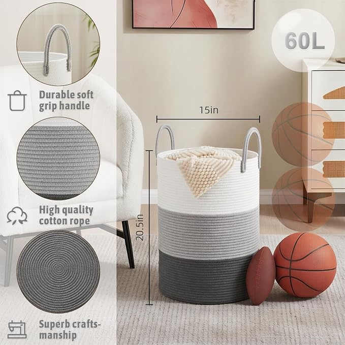 Laundry Basket, Woven Cotton Rope Laundry Hamper, 60L - Image 6