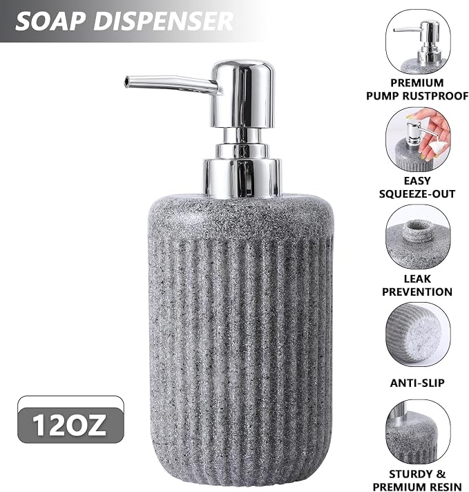 Resin Grey Bathroom Accessories Set 5 Pcs, Lotion Soap Dispenser, Toothbrush - Image 3