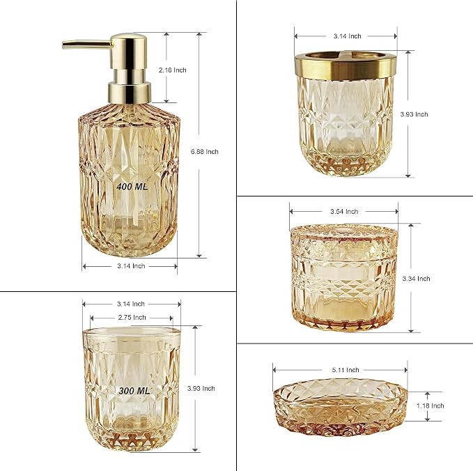 Clear Gold Bathroom Accessorries Set, Lotion Soap Dispenser, Toothbrush Holder - Image 5