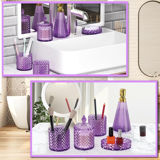 Purple Glass Bathroom Accessories Set 5 Pcs, Soap Dispenser and Toothbrush - Image 7