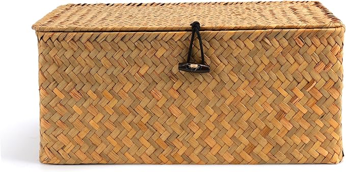 Nonam Small Basket with Lid, Natural Seagrass Bin with Lid, Shelf Baskets - Image 2