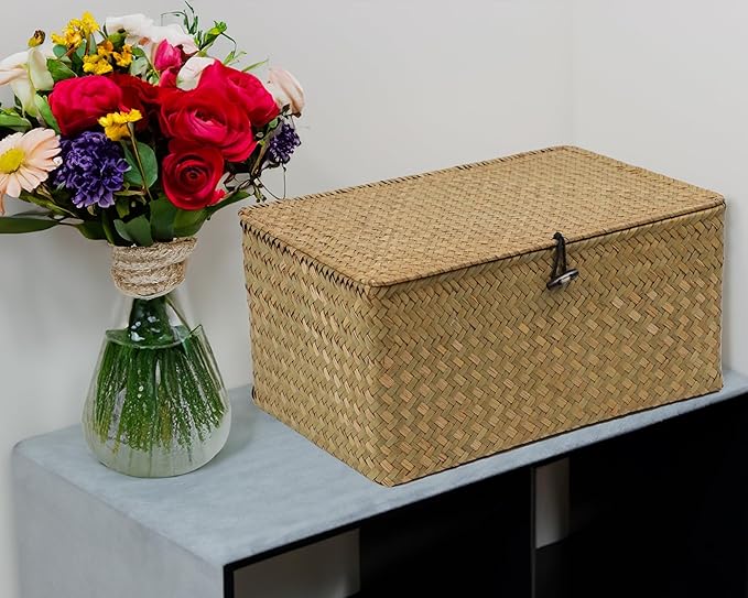 Wicker Basket with Lid, Natural Seagrass Storage Baskets - Image 6