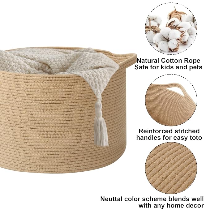 115L Large Blanket Basket, 23.6" L x 23.6" W x 15.7" H Rope Woven Baskets - Image 3