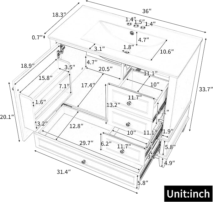 36" Bathroom Vanity with Sink, Harper & Bright Designs Free Standing Single - Image 2