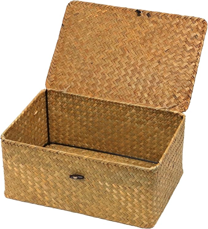 Wicker Storage Basket with Lid, Natural Seagrass Woven Shelf Basket by ORDELITE