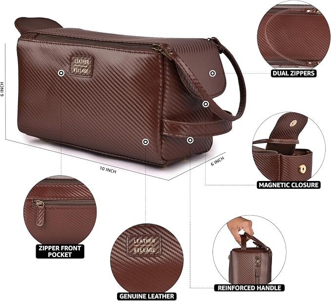 LEATHER VILLAGE Genuine Carbon Fiber Genuine Leather Travel Toiletry Bag - Image 4