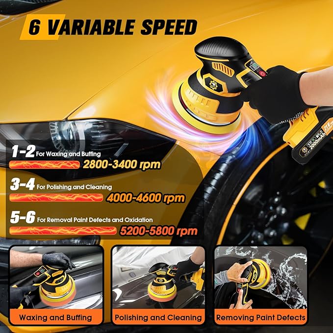 Cordless Car Buffer Polisher kit 6-Speed Orbital Design, LED Display, - Image 4