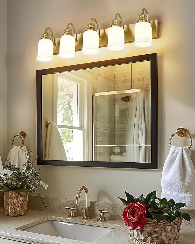 5-Light Bathroom Vanity Light, HWH Brushed Gold Bathroom Lighting Fixtures - Image 6