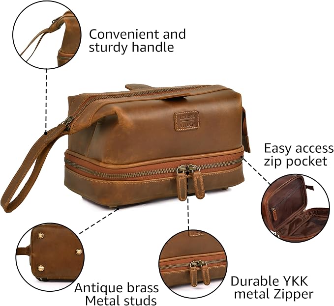 LEATHER VILLAGE Genuine Leather Dopp Kit – Large Travel Toiletry Bag - Image 3