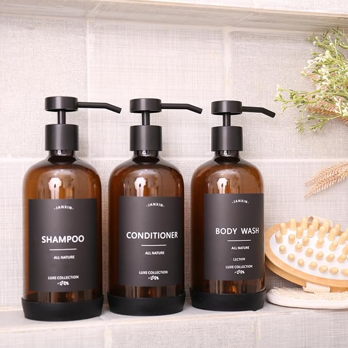 Shampoo and Conditioner Dispenser Set of 3, Refillable 21oz Shampoo Bottles - Image 6