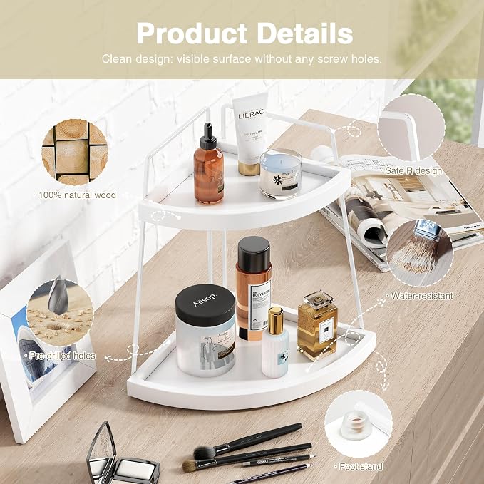 Forbena White 2 Tier Corner Bathroom Counter Organizer, Bathroom Countertop - Image 7