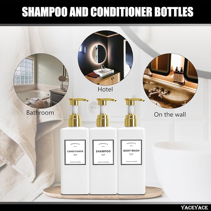 White With Gold Pump Shampoo Bottles Set of 3, 500ml Refillable Shower Dispenser - Image 7