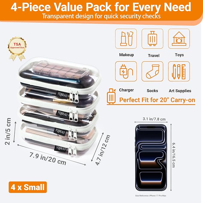 4 Pack Clear Hard Shell Zipper Case, See-Through Hard Plastic Organizer Pouches - Image 4
