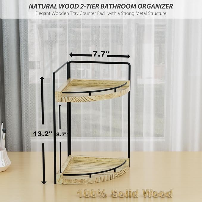 Corner Bathroom Counter Organizer, 2 Tier Wood Vanity Storage, Waterproof - Image 7