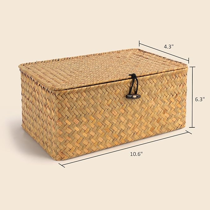 Nonam Small Basket with Lid, Natural Seagrass Bin with Lid, Shelf Baskets - Image 3