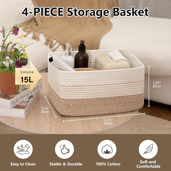 4 Pack Storage Baskets for Organizing, 15.75''x11.8''x7.87'', Decorative Cotton - Image 3