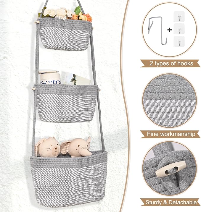 Hanging Storage Baskets, Over the Door Basket, Cotton Wall Baskets Storage - Image 6