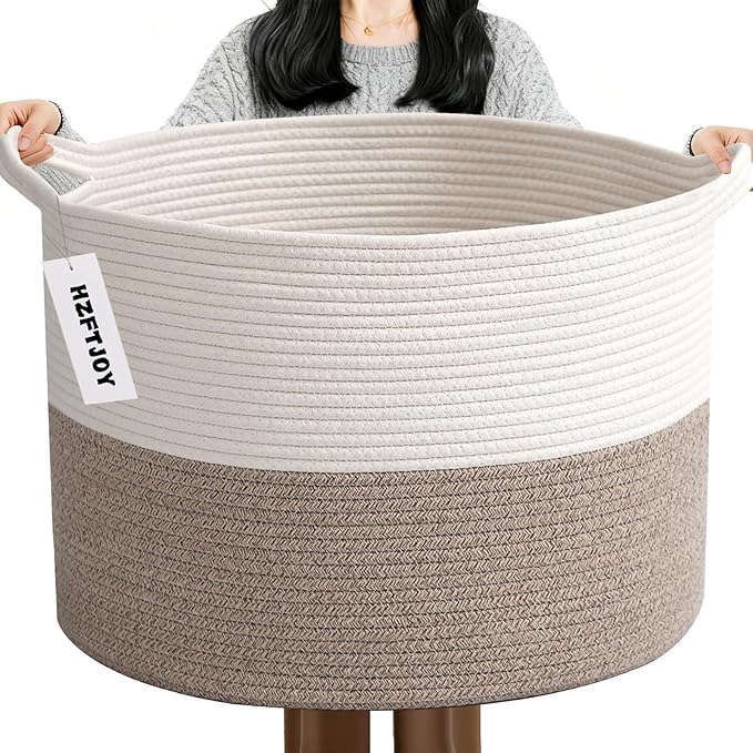 65L Large Blanket Basket, 19.7" L x 19.7" W x 13" H Rope Woven Baskets by HZFTJOY