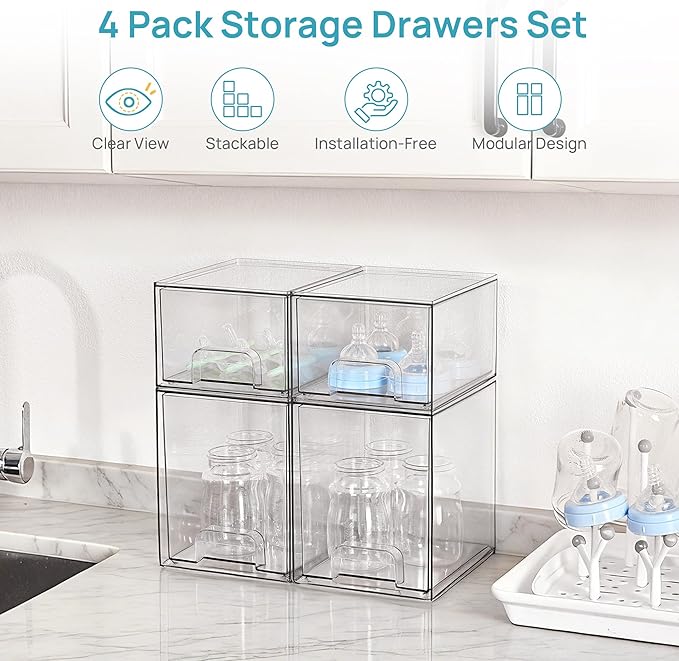 Vtopmart 4 Pack Clear Baby Bottle Organizer Set, Stackable Storage Drawers Ideal - Image 3