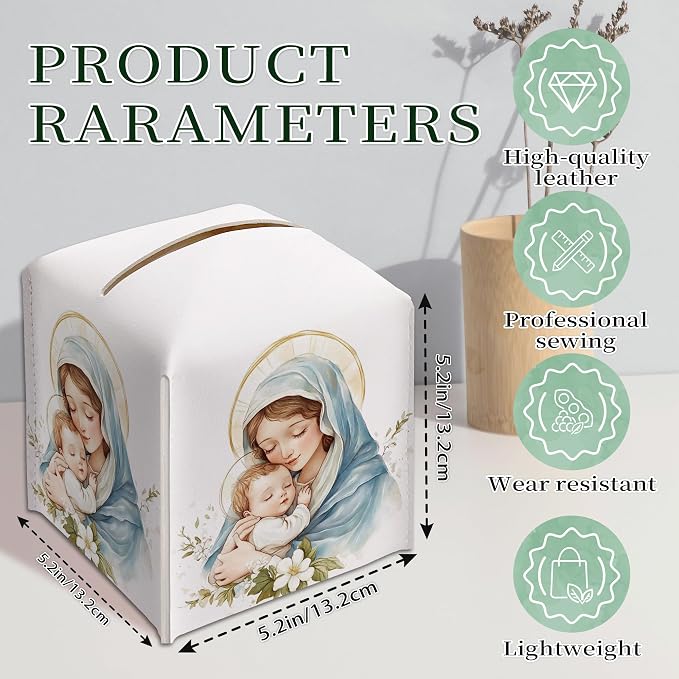 Holy Infant & Virgin Mary Square Tissue Box Cover, PU Leather Drawstring Bottom - Image 2