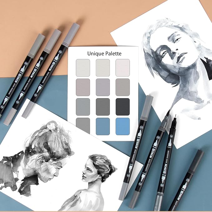 Gray Duo Tip Marker Pens, 12 Pack Fine & Brush Markers - Image 5