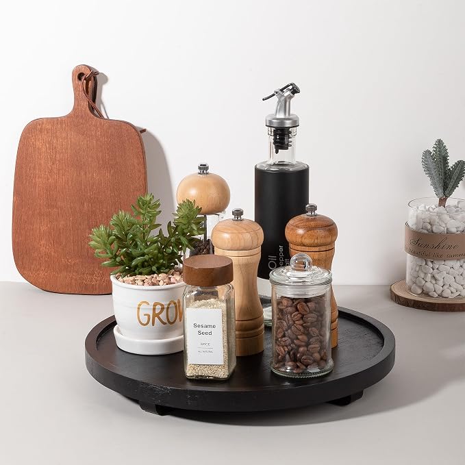 Round Decorative Tray Wood Bathroom Counter Organizer Farmhouse Kitchen Decor - Image 2