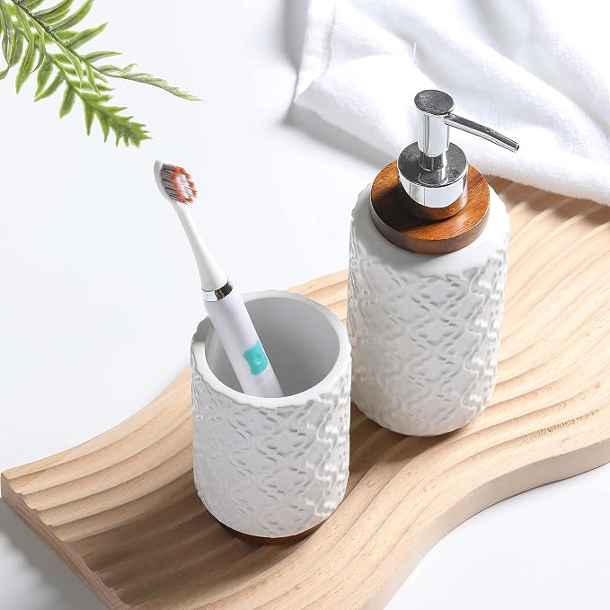 Elegant Bathroom Accessories Set 4 PCS Ceramic and Wood Bathroom Accessory Set - Image 5