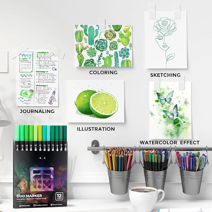 Green Duo Tip Marker Pens, 12 Pack Fine & Brush Markers - Image 6