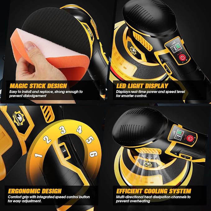 Cordless Car Buffer Polisher kit 6-Speed Orbital Design, LED Display, - Image 8