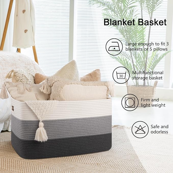 OIAHOMY Large Blanket Basket For Living Room, Rectangle Woven Baskets for - Image 6