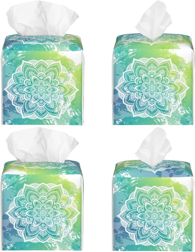 Green Boho Mandala Flower Tissue Box Cover Square, Abstract Mandala Floral - Image 2