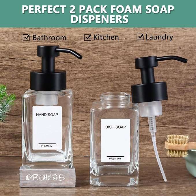 Foaming Soap Dispenser 2 Pack, 12oz/350ml Glass Foaming Hand Soap Dispenser Set - Image 6