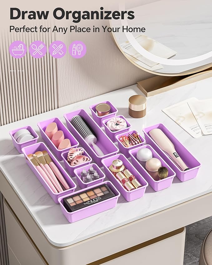 13 Pack Plastic Drawer Organizers Set, 3 Sizes Desk Drawer Organizer Trays - Image 6