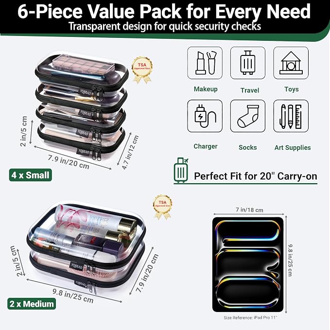 6 Pack Clear Hard Shell Zipper Case, Hard Plastic Organizer Pouches - Image 4