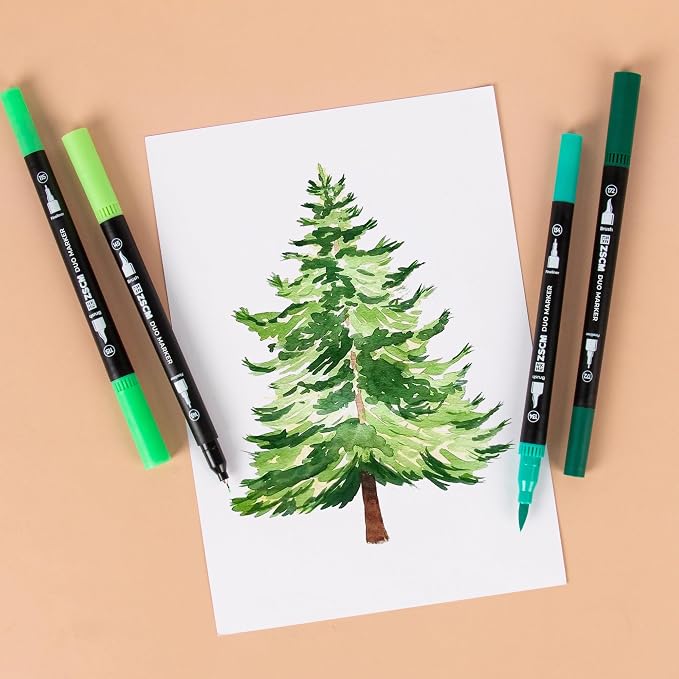 Green Duo Tip Marker Pens, 12 Pack Fine & Brush Markers - Image 4
