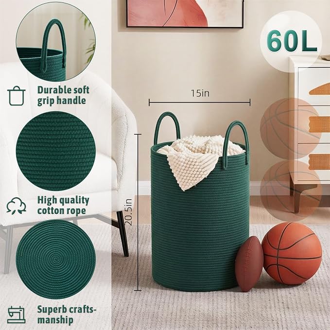Laundry Basket, Woven Cotton Rope Laundry Hamper, 60L - Image 6