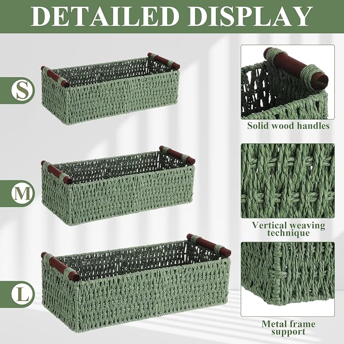 Boao 3 Pcs Boho Storage Wicker Baskets Handmade Woven Decorative Paper Rope - Image 3