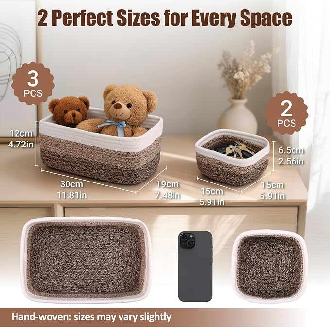 5-Pack Small Woven Rope Storage Baskets – 2 Sizes Organizer Bins - Image 2