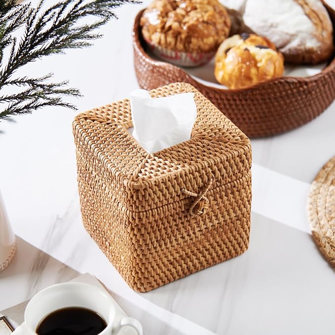 Rattan Square Tissue Box Cover, 5.7" x 5.7" x 5", Decorative Woven Facial - Image 7