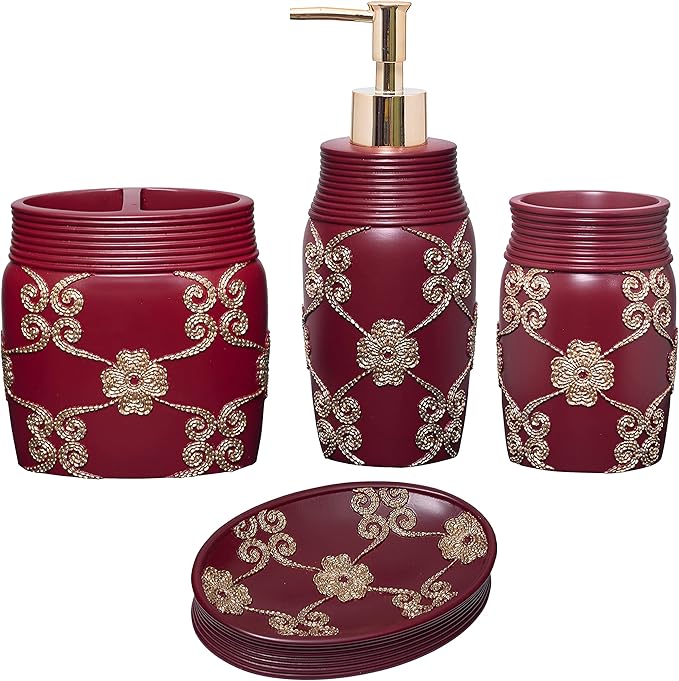 Zahari Home 4pc Elegant Rose Burgundy Bathroom Set Classic Bathroom Lotion by ZahariHome