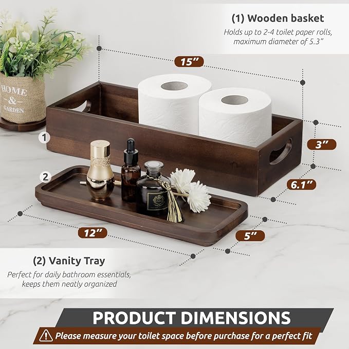 Handmade Toilet Tank Basket Topper & Vanity Tray Set of Natural Acacia Wood by - Image 2