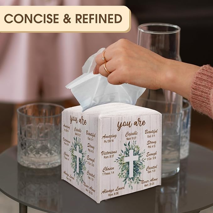 Bible Verse Decorative Tissue Box Cover Square, Leaves Tissue Box Cover Holder - Image 4