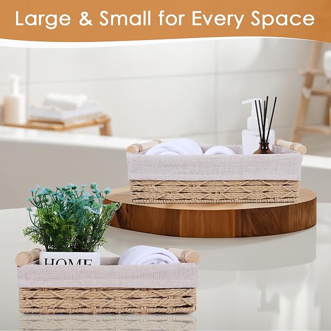 Wicker Storage Basket with Wooden Handle – Paper Rope Decorative Toilet Paper - Image 6