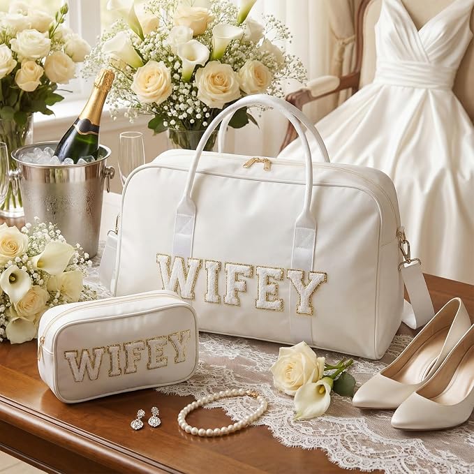 2 Pcs Wedding Weekender Bag Bride Groom Duffle Bag Chenille Letter Patch Travel - Image 3