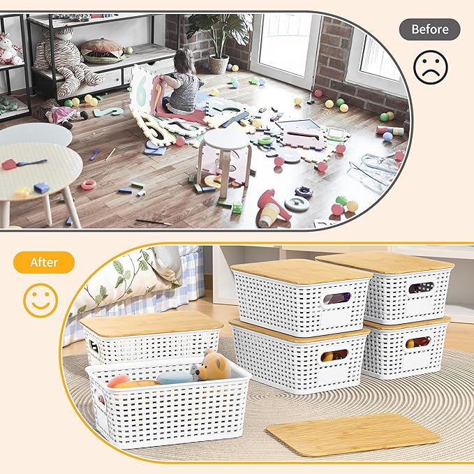 Plastic Storage Baskets with Bamboo Lids and Labels, Stackable Storage - Image 5