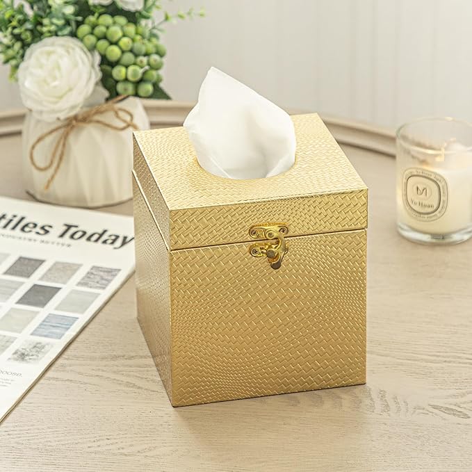 Gold Tissue Box Cover, Elegant Square Tissue Box Holder by UPPER+DECOR